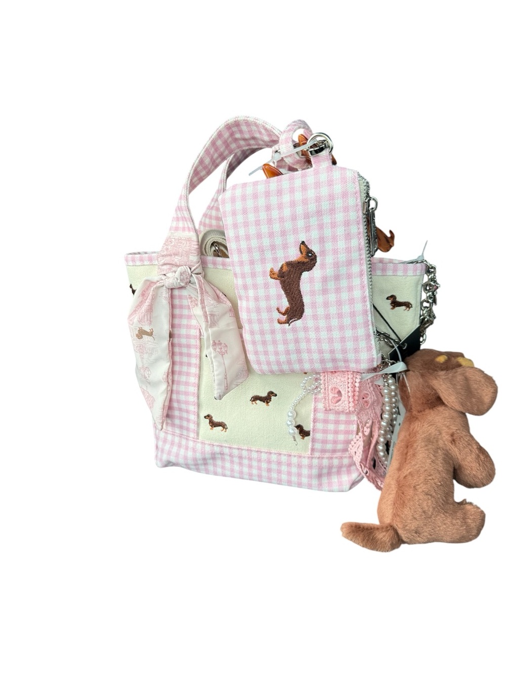 SHIPS TODAY! Madden Girl Dachshund Doxie Dog Pink Gingham Tote Bag CharmS NWT